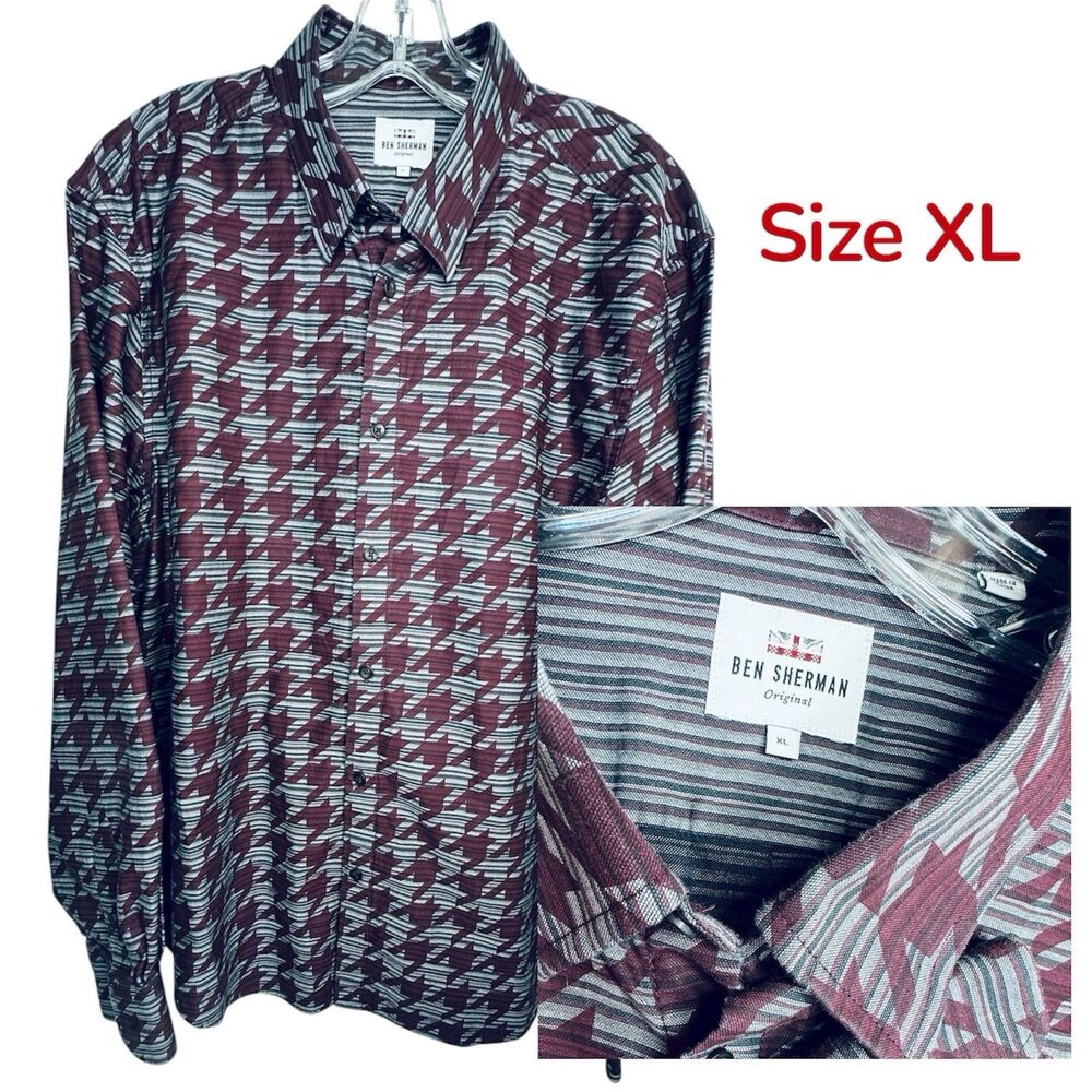 Ben Sherman Mens Stretch Paisley Button-Up Shirt Size XL Black Maroon LS Classic